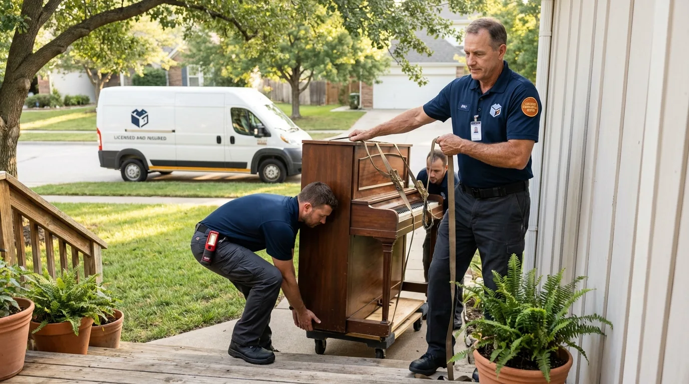 Licensed piano movers securing grand piano in Spencer, IA