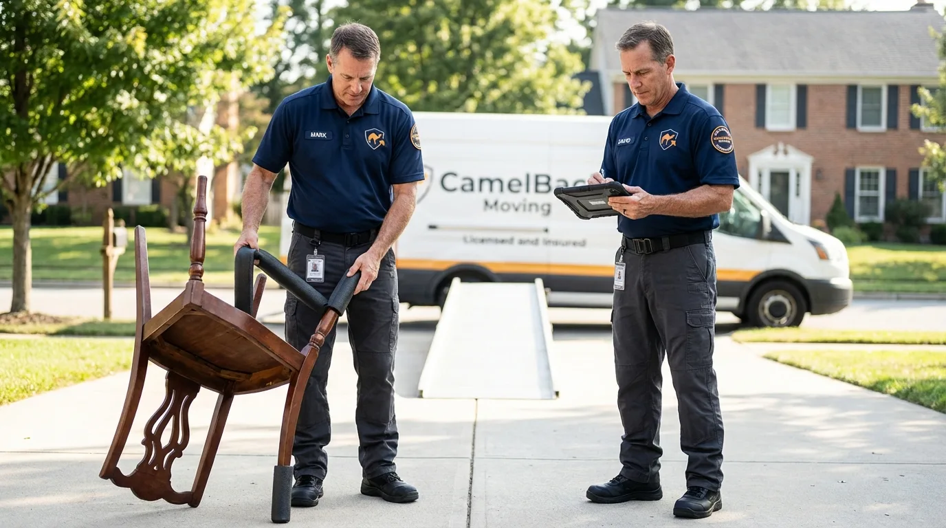 Movers inspecting furniture for damage prevention before loading in Spencer, IA
